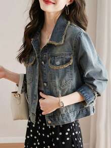 Chaqueta vaquera corta de estilo retro americano con bordes deshilachados, diseño nuevo para mujeres de baja estatura, chaqueta con estilo portuario. - Azul - Ver 4