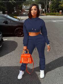 女式两件套保暖内衬休闲套装，纯色长袖连帽运动衫上衣和修身运动裤，秋冬运动服套装 - 藏蓝色 - 查看 3