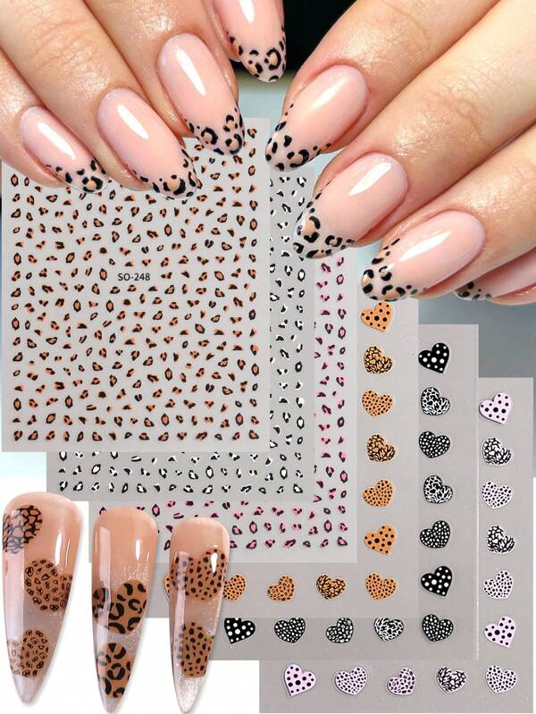 6 pièces Autocollants d'art pour ongles 3D imprimés léopard marron noir rose, imprimé léopard zébré, pois, forme de cœur. Décoration d'ongles mignonne style Y2K pour l'automne et l'hiver. Autocollants pour ongles adhésifs DIY