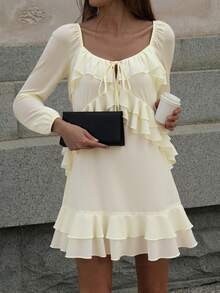 IGKEEL Solid Color Bohemian Style Chiffon Twist Ruffle Hem Long Sleeve Dress, Autumn/Winter - Apricot - View 7