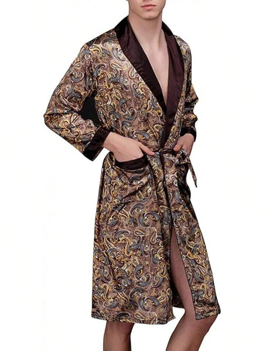 Lavenderi Mens Silky Satin Lounge Robe, Long Lightweight Sleepwear - Gris pardo - Ver 1