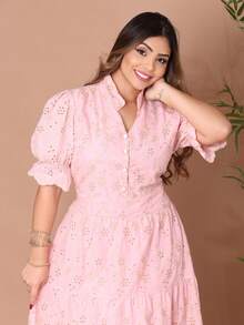 Women's Midi Dress With Embroidered Laise, All-Over Print, Embroidery, Button, Ruffle, Gathered, Formal And Evening - Bicolor Bb Pink. - View 1