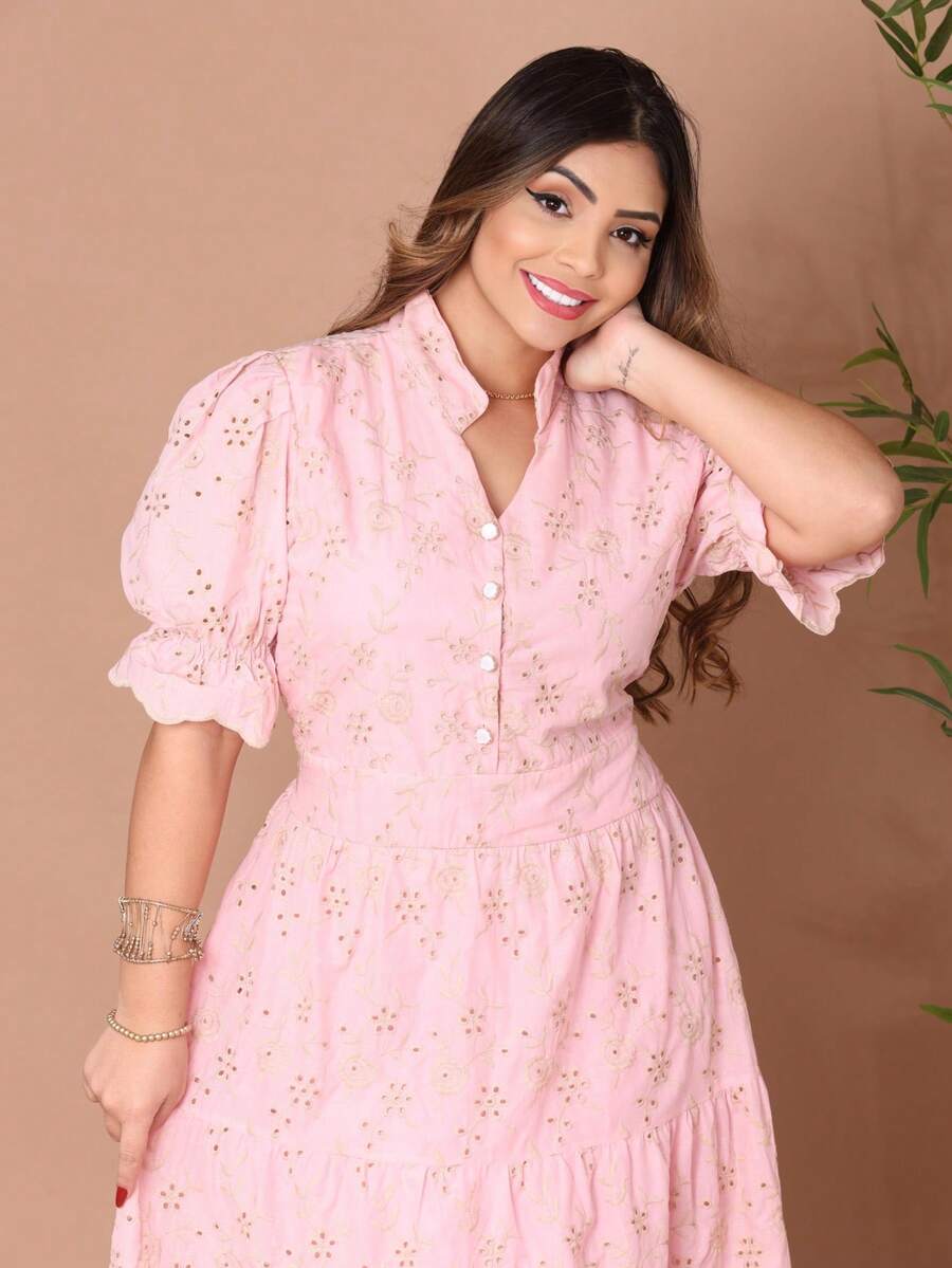 Women's Midi Dress With Embroidered Laise, All-Over Print, Embroidery, Button, Ruffle, Gathered, Formal And Evening - Bicolor Bb Pink. - View 1