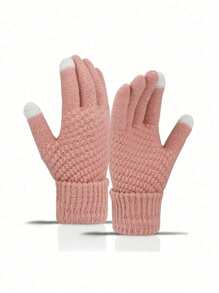 1/4 双女士触屏冬季手套 - 时尚针织连指手套，袖口厚，适合寒冷秋季 - 彩色 - 查看 7