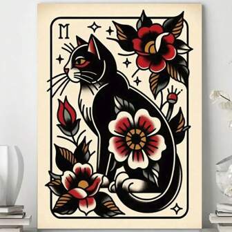 Impresión artística de tatuaje tradicional de gato negro enmarcada - Decoración de pared de lienzo brillante con colores vibrantes, diseño intrincado, perfecto para sala de estar, dormitorio u oficina, decoración de gato, decoración de fiesta de cumpleaños, Día de la Madre, Año Nuevo, regalo de Pascua, decoración de pared para el hogar, la oficina, regalo perfecto y decoración de pared