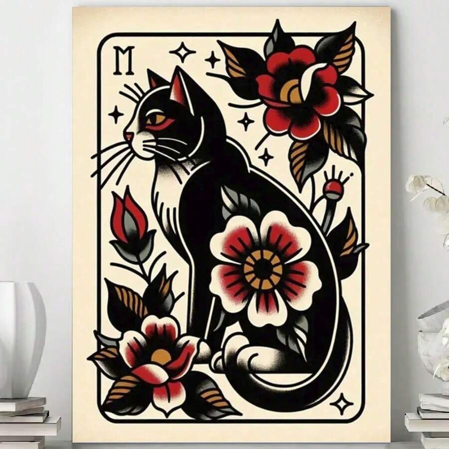 带框黑猫传统纹身艺术印刷品 - 光面帆布墙面装饰,色彩鲜艳,设计精美,非常适合客厅、卧室或办公室、猫咪装饰、生日派对装饰、母亲节、新年、复活节礼物、家庭客厅办公室墙面装饰,完美的礼物和墙面装饰 - 棕色 - 查看 1