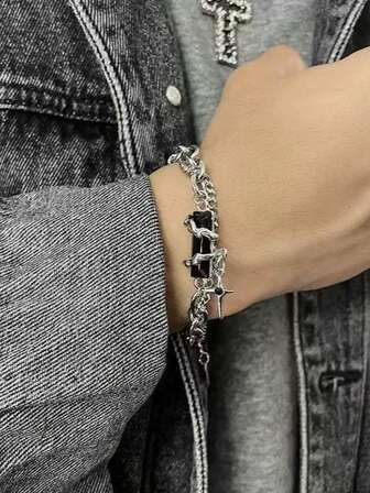 1pc Dark Gothic Cross Bracelet, Minimalist Titanium Steel Waterproof Non-Fading High-End Men's Bracelet