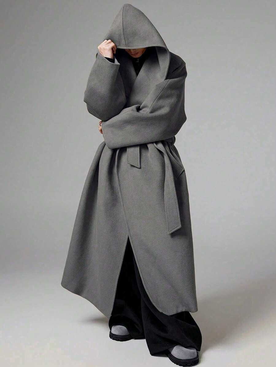 男士休闲纯色连帽长袖风衣，秋冬季百搭单品 - 深灰色 - 查看 1