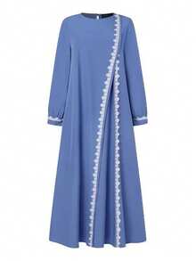 Áo Abaya tay dài cổ tròn viền ren hoa trang nhã dành cho nữ, thích hợp cho dịp Eid và mùa xuân. - Màu xanh lam - Xem 5