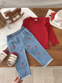 2 件女婴盖袖长袖 T 恤和樱桃刺绣直筒牛仔裤，复古街头可爱装扮，适合外出、居家、派对 - 紅色 - 查看 7