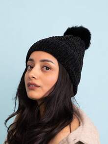 Gorro de punto de cable de terciopelo - Aspecto de invierno suave y elegante - Carbón - Ver 2