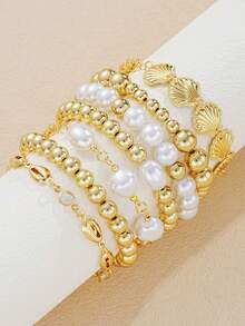 7pcs Vintage Elegant Boho Jewelry Set, Ocean Style Faux Pearl, Heart, Shell, Fan-Shaped Beaded Bracelets, Personalized Simple High-End Layered Bangle Bracelet, Suitable For Women Summer Beach Party, Dating, Daily Wear - 金黃色 - 查看 3