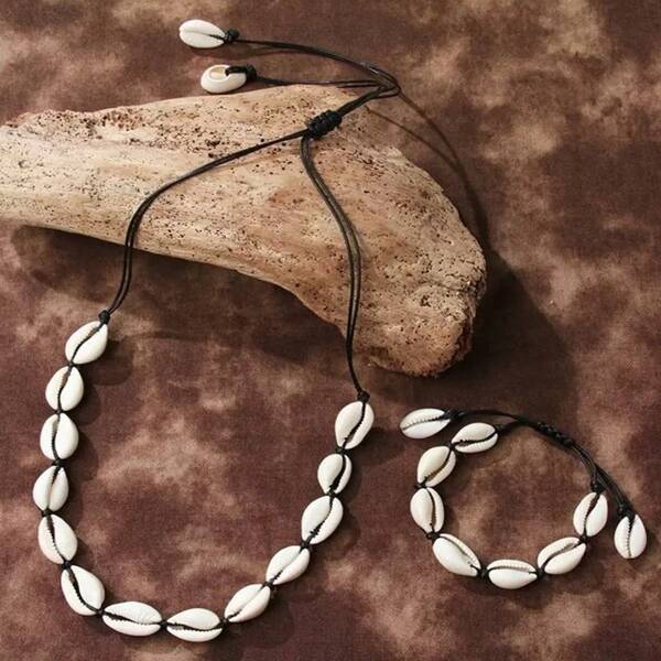1 set Collier original design coquillages, bracelet coquillages naturels, chaîne en corde tressée, Ras-du-cou fille, bracelets, bijoux, cadeau, réglable