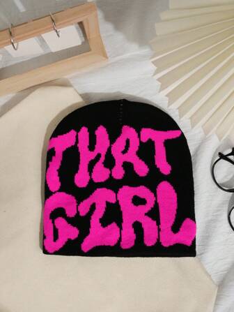1pc Women's Fashion Y2K "THAT GIRL" Intarsia Knit Beanie Hat, Warm & Suitable For Autumn/Winter Casual Outfits Autumn Accessories