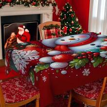 1pc Polyester Christmas Snowman & Floral Tablecloth, Holiday Party Dining Table Cloth, Festive Red Background Cloth For Outdoor Party, Picnic, Dinner, Ideal For Home And Restaurant Decor