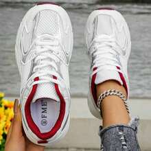 American Retro Contrast Color Running Shoes, Mesh Breathable, Thick Bottom Cushioning, Campus, Street, Daily Wear Template, Running Shoes To Grasp The Relaxation Feeling, 5cm High Casual Shoes - 紅色 - 查看 6