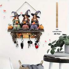 1 件复古波西米亚万圣节女巫木制墙饰带挂钩 - 2D 平面木质装饰，女巫帽和南瓜设计，入口通道/派对钥匙链，无需电力，2D 平面