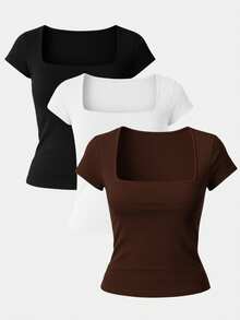 Kit 3 Women's Short Sleeve Suplex Blouse Cold Mesh Basic Blouse - Black, Brown and White - View 1