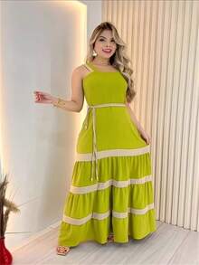 Women's Long Striped Dress, Plain, Bicolor, With Casual Duna Fabric Lining - Màu xanh chanh - Xem 2