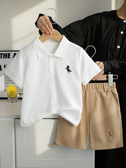 2pcs/Set 2025 Summer New Boys Fashion Casual Polo Shirt & Shorts Set, White Polo Shirt With Embroidered Logo And Collar, Beige Embroidered Casual Shorts, Suitable For Summer Casual Wear