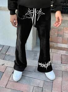 男士复古风格休闲宽松运动裤，秋冬长裤运动裤，纯色十字印花喇叭裤，纯黑色派对街头风抽绳腰部运动裤，男士慢跑裤，抽绳腰部长喇叭裤，外出哥特朋友，返校，情绪，2000 年代风格 - 黑色 - 查看 9