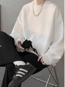 Men's Long-Sleeved Sweatshirt With A Jacquard Weave, Crew Neck, And Apricot-Colored, White, And Black Lining. Available In Plus Sizes, This Stylish, Casual Loungewear Top Is Perfect For Fall And Winter. - trắng - Xem 6