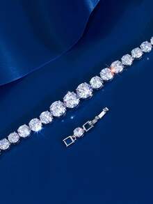 1pc Top Sparkling Round Cubic Zirconia Silver Plated Tennis Chain Bracelet For Women, Wedding, Engagement, Bridal Party Jewelry Gift - White - View 9