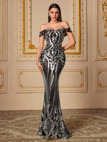 UNITHORSE [Random Cut] Women's Off-Shoulder Backless Dress, Shiny Sequin Elegant Evening Gown, Bridal Dress, Birthday Dress, Graduation Dress, Formal Dress - Silver - View 3