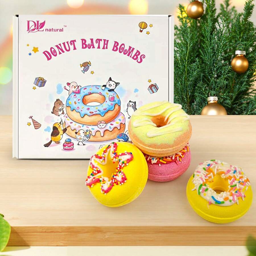 4pcs Donut Shaped Bubble Bath Bomb Gift Set, Natural Organic Bubble Bath Bombs, Gifts For Women, Christmas & Easter, Self-Care Set For Ladies/Girls - 4 Scents - Multicolor - View 1