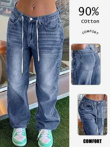 Women's Casual Loose Straight Leg Jeans, Paired With Waist Drawstring Decoration, Suitable For All Seasons, Back To School Season, Rural Concerts, Daily Outings, Parties - Rửa tối - Xem 6