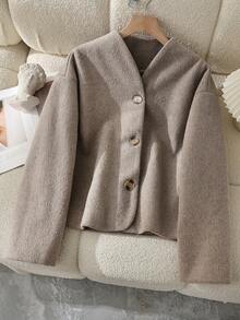 Women's Short Wool Blend Coat, Solid Color, Front Button Closure, Autumn/Winter - Grey - View 1