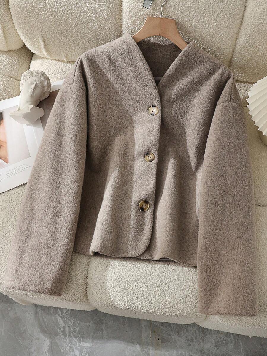 Women's Short Wool Blend Coat, Solid Color, Front Button Closure, Autumn/Winter - Grey - View 1