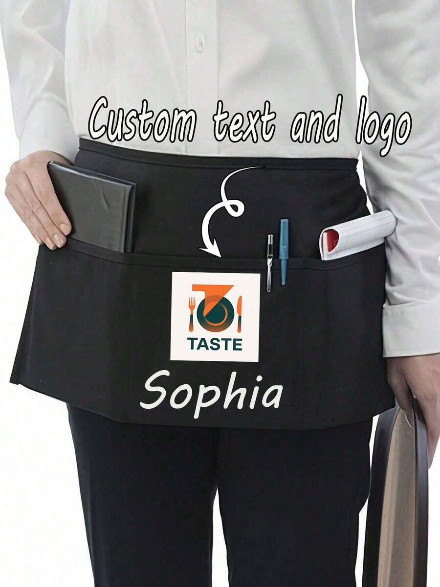 1 件个性化定制中性涤纶围裙，带 3 个口袋 - 可定制短款半腰服务员工作制服发型师黑色围裙美发师美容院美容师美容学校理发师礼物定制，适用于厨房、酒店、餐厅、烹饪、烘焙和厨师使用，非常适合个性化文字或徽标 - 彩色 - 查看 1