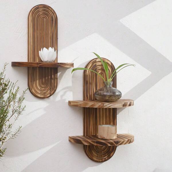 رف جداري خشبي مقوس بطراز بوهيمي - رف عائم، رف حائطي، رفوف، للغرفة النوم والمطبخ والصالة، ديكور خلفي