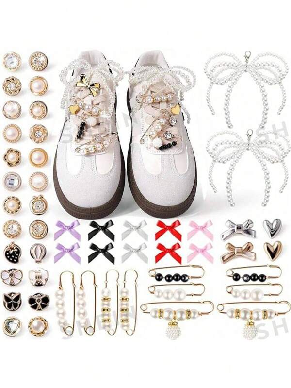 50pcs Sports Shoes Decorations - Junk Sock Charms, Hat & Pants Pins, Shoe Lace Accessories Including Bows/Clips/Pins, Shoe Pendant Decorations And Sneaker Ornaments, DIY Women Shoelace Decorations, Plastic, No Gems