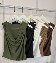 Blusa Elegante Feminina  Simples Drapeado Enrugado Nó Regata Gola Boba Casual Chic Moda Blusa Romantica - Preto - Visão 11