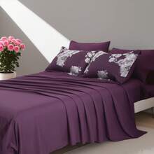 7pcs Fashionable Flower Printed Bed Comforter Set, 100% Polyester Soft Comfortable And Durable Summer Bedding Set, Include 1 Comforter+1 Flat Sheet+1 Fitted Sheet+2 Pillowcases+2 Pillowsham,All-Season, Bed In A Bag, Perfect Room Decor, Holiday Gift - Purple - View 6