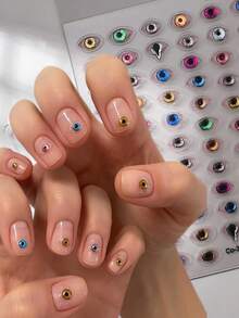 1张闪亮恶魔天使之眼美甲贴纸 - 3D果冻金箔卡通怪兽贴纸，适用于DIY美甲、手机壳等 - 自粘式，亮面，多种颜色（蓝、绿、粉、黄、橙），美甲贴纸，创意手工，奇趣设计，单张 - 彩色 - 查看 3