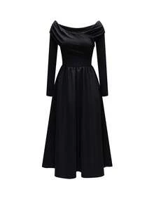 所有女装一字肩黑色连衣裙 - 2025 新款秋季正式休闲长袖单肩褶饰腰部中长溜冰裙，高腰飘逸下摆，多功能适用于商务/约会/日常/通勤/沙特国庆节和圣诞节服装，必备秋季时尚必备品，适合万圣节和返校节，哥特式和老钱风格 Inspo/一字肩连衣裙 - 黑色 - 查看 1