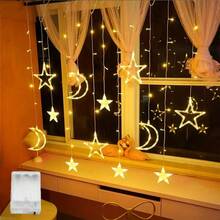 星月造型装饰串灯，电池供电，适用于派对、婚礼、生日等场合，可用作窗帘灯、卧室星月灯、学生公寓装饰、室内外装饰，闪耀的婚礼花园和房间装饰
