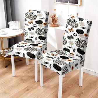 2 Pieces, 4-Piece, 6-Piece, And 8-Piece Printed Chair Covers. Halloween Ghost Pumpkin Design With Halloween Spider Decoration, Suitable For Indoor Home And Restaurant Decoration. Used For Festivals And Celebrations, Reusable And Machine Washable. Elastic Chair Cover, For Daily Home Decoration.