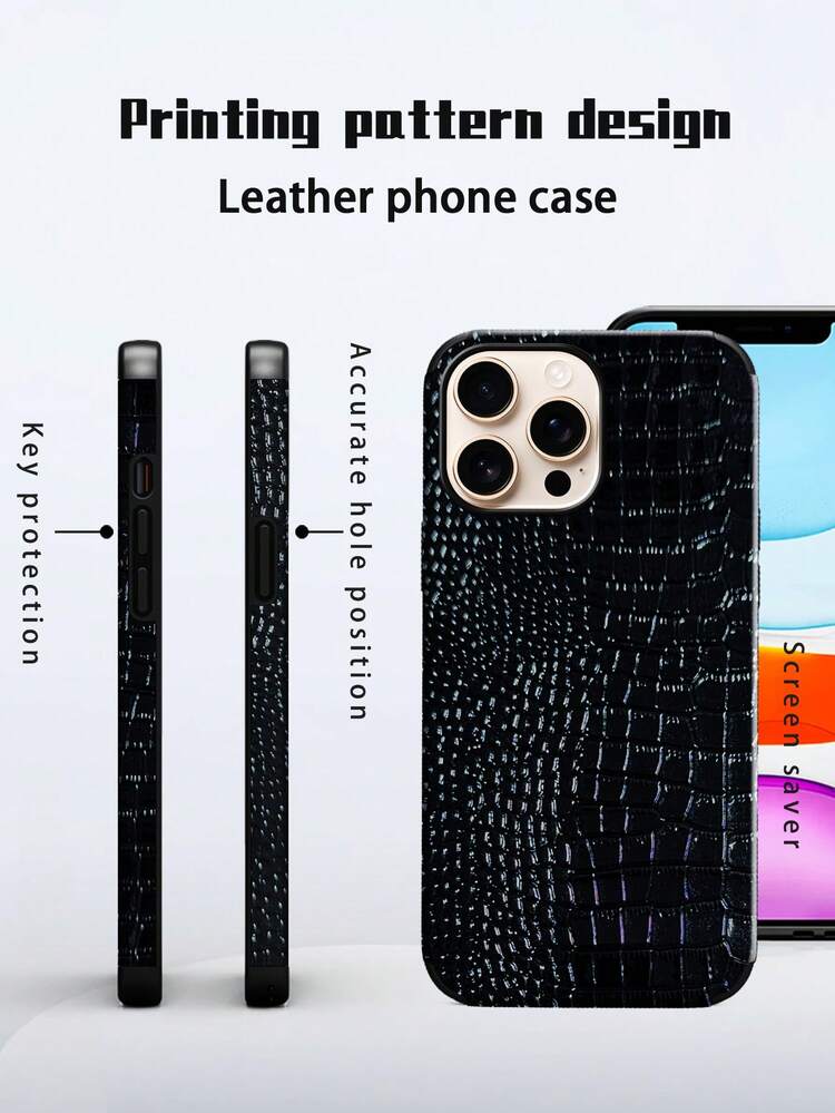 غطاء هاتف مقاوم للصدمات بتصميم دوار للصوت، بنمط جلد التمساح الأسود، متوافق مع هواتف آيفون، مقاوم للماء ومقاوم للخدش ومقاوم للسقوط - حجر السج الأسود - مشاهدة 1