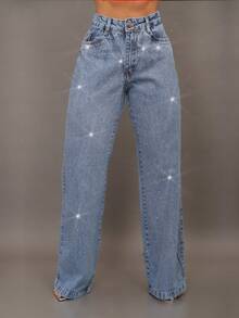 Peg Vest Premium Wide Leg Jeans With Rhinestone Shine And High Waist - Rửa trung bình - Xem 1