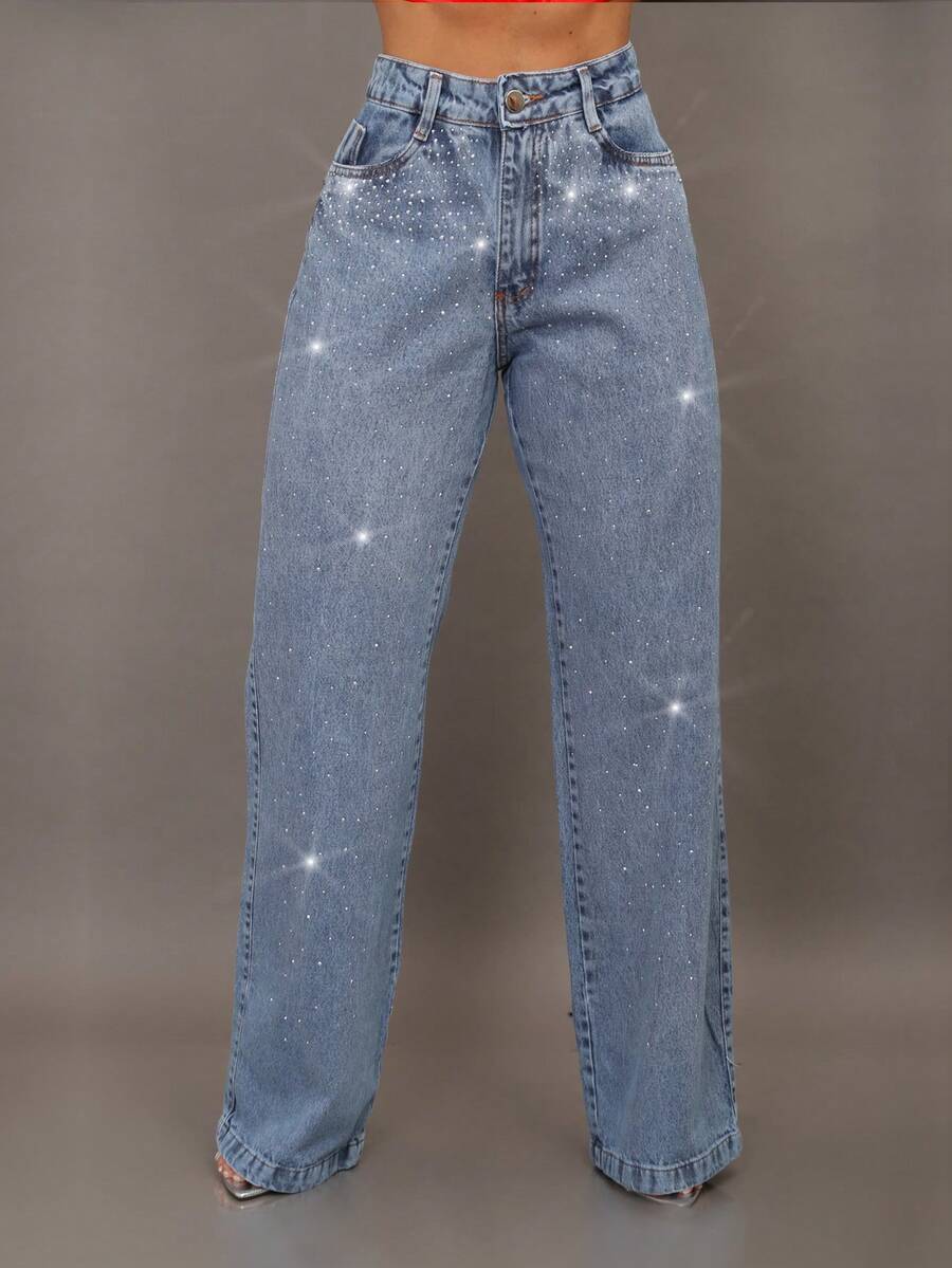 Peg Vest Premium Wide Leg Jeans With Rhinestone Shine And High Waist - Rửa trung bình - Xem 1
