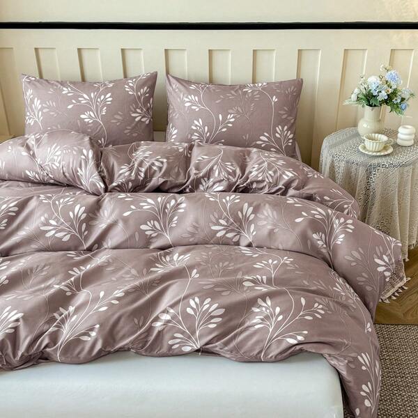 3pcs Set White Leaf & Coffee Floral Plant Print Duvet Cover Set, Tea Talk Coffee (2*Pillowcase, 1*Duvet Cover, No Filling), Light Coffee Bedding, Super Soft & Breathable Polyester Fabric, Suitable For All Seasons, Zipper Closure, Perfect For Bedroom, Guest Room Or Dormitory