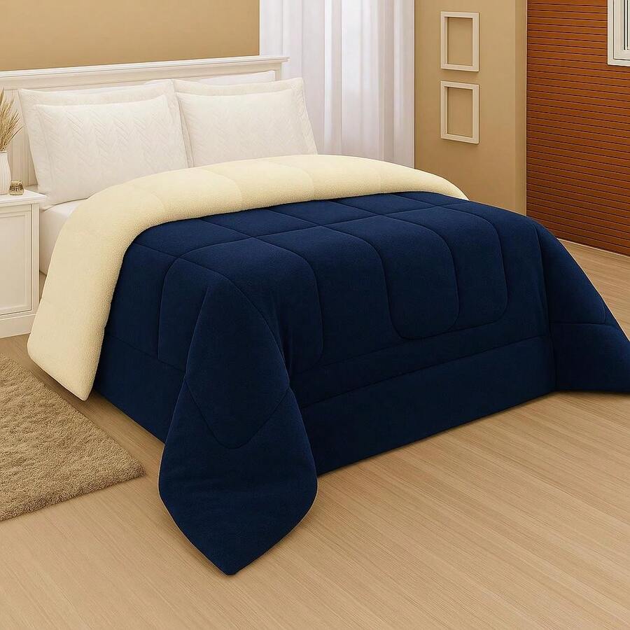 Sherpa Comforter Blanket And Blanket Double Queen Thick - Navy Blue - View 1