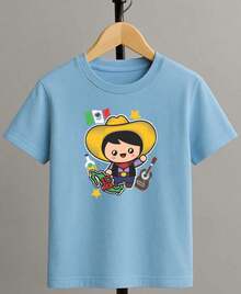 Camiseta para niño de 4 a 15 años de cuello redondo y manga corta con diseño de MEXICANITO DE ORO casual y creativa para niño - Azul - Ver 1