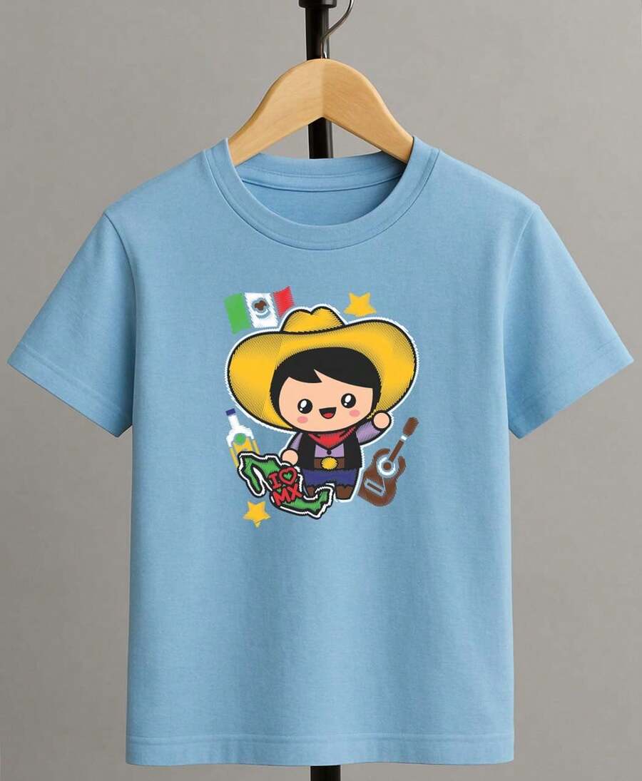 Camiseta para niño de 4 a 15 años de cuello redondo y manga corta con diseño de MEXICANITO DE ORO casual y creativa para niño - Azul - Ver 1