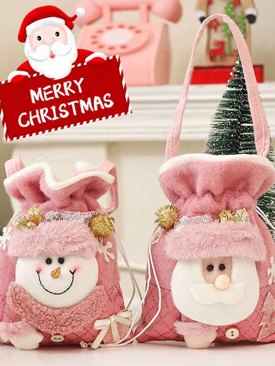 Christmas Gift Bag, Festive Pink Sequin Tote Bag With Santa Claus And Reindeer Pattern, Suitable For Storing Small Candies And Fruits, Home Kitchen Storage, Party Gifts, Holiday Decoration Gift Packaging - Multicolor - View 1