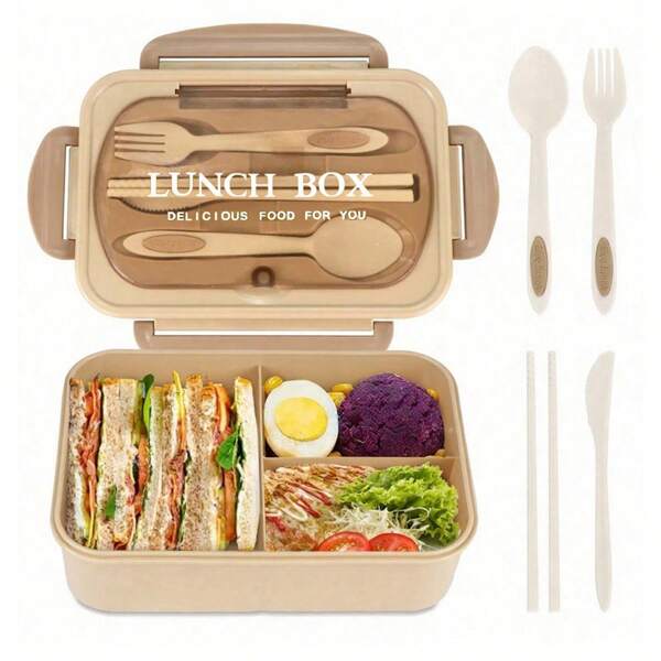 1pc 1200ml Adult Bento Box With Utensils And Leak-Proof Lid, 3-Compartment Lunch Container School Supplies,Back To School(Tableware, Lunch Boxes, And Storage Bags Can Be Selected For Purchase)
